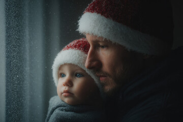 Fototapeta premium heartwarming moment captures child kissing their dad who is wearing festive christmas hat