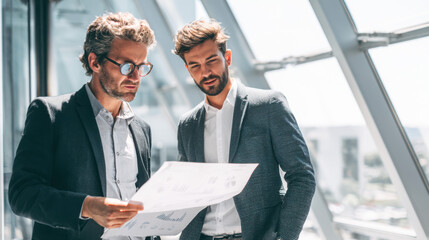Business analysts collaborating on data analysis in a modern office environment with large windows