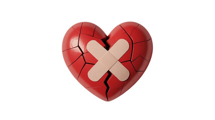 Broken heart mended with adhesive bandages symbolizing healing emotional recovery and love after pain isolated on transparent background