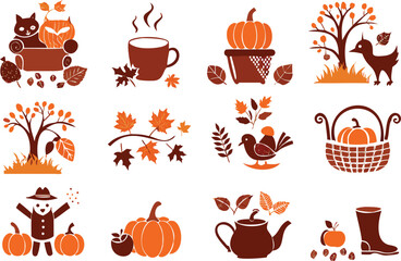 Autumn themed illustrations and icons fall season 
