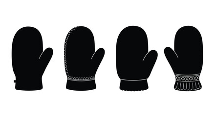 Four black winter mittens isolated on white with varying textures and designs for cold weather warmth vector