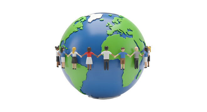 Diverse People Holding Hands Around Globe in Unity and Cooperation Concept