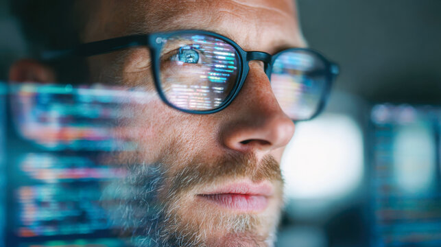 Close-up of a software developer focusing on code during a programming session in an office