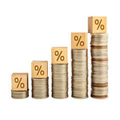 Five Stacks of Silver Coins Increasing in Height Topped with Wooden Cubes Showing Percentage Symbols isolated on a transparent background