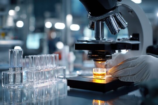 Microscope analysis in a modern science laboratory setting with gloved hand.