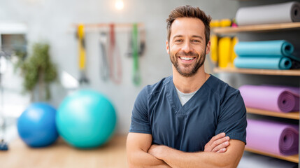 Male physiotherapist in rehabilitation center promoting exercise therapy for improved mobility