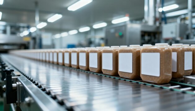 Beverage Production Line: Bottles with Blank Labels Moving on a Conveyor Belt in a Factory