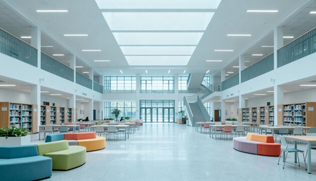 Bright Modern Atrium with Skylight and Colorful Seating Area in a Public Building