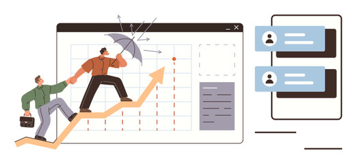 Two businesspeople on a rising arrow chart, one shielding from challenges with an umbrella. Charts and messaging elements symbolize growth, collaboration, strategy. Ideal for leadership, teamwork