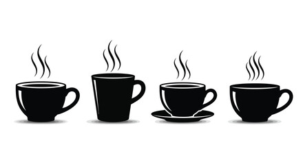 Four steaming black coffee cups and saucers on a white backdrop representing morning beverages. vector