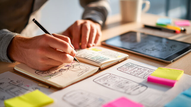 Creative UX UI designer working on wireframes and sketches in a modern office