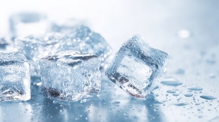 Obraz premium Close-up of glistening ice cubes with water droplets on a reflective surface, presenting refreshment and coolness