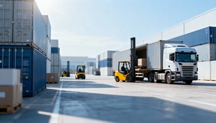 Naklejka premium Cargo Container Shipping Operation with Forklifts Loading a Delivery Truck in a Distribution Warehouse