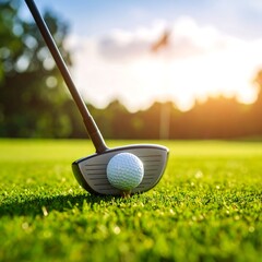 Golf club head and ball on tee, vibrant green grass,  sunlit background
