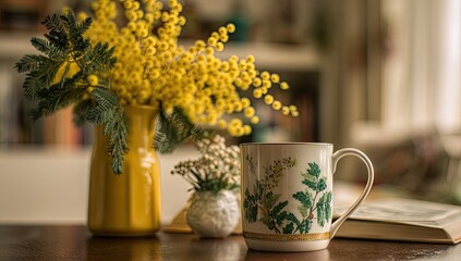 Cozy Still Life With Yellow Mimosa Flowers And A Decorative Mug.