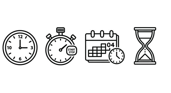 Icons representing time management tools clock stopwatch calendar and hourglass line art style vector