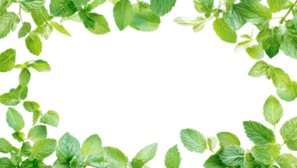 Fresh green mint leaves forming a border isolated on transparent background