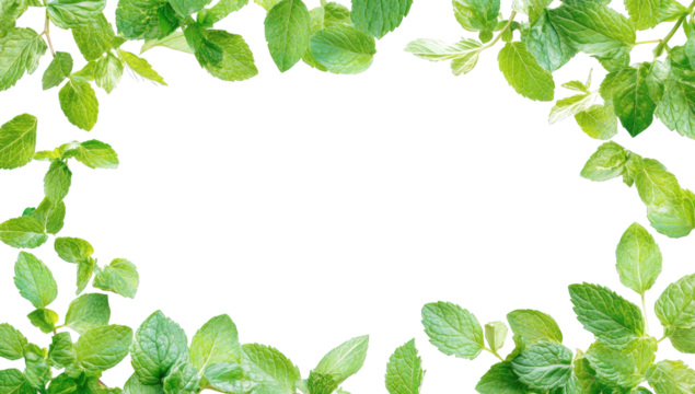 Fresh green mint leaves forming a border isolated on transparent background