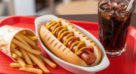 A grilled hot dog with ketchup and mustard a side of fries and a cold dark beverage with ice all on a red serving tray