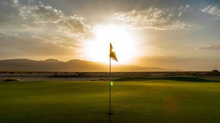 Golf Course Sunset Silhouetting Flag on the Green Lush Course Radiating Warmth and Serenity Near Mountains in the Distance