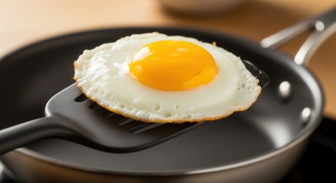 A perfectly cooked fried egg with a bright yellow yolk and white rests on a black slotted spatula over a dark non-stick frying pan with a light wooden background