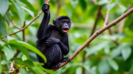 Young crested black macaque sitting on a tree branch, shouting loudly in the lush jungle, surrounded by vibrant green foliage