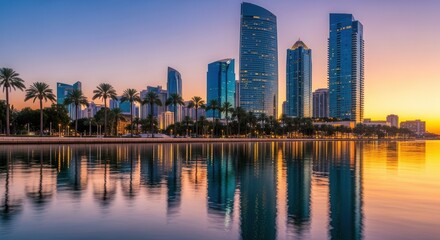 Obraz premium A city skyline at sunset with tall buildings and palm trees reflected in calm water
