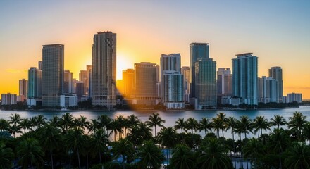 A city skyline features numerous tall buildings along a waterfront at sunset with warm sunlight illuminating the scene and palm trees in the foreground