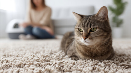 Domestic tabby cat resting on plush carpet near female cleaning litter box, highlighting pet care routine and home environment