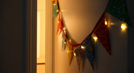 Dimly lit doorway adorned with a birthday garland, colorful balloons, and fairy lights 