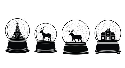 Four festive snow globes featuring christmas scenes and wildlife silhouettes for winter holiday design vector