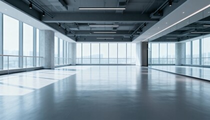 Obraz premium Modern Empty Office Space with Panoramic Windows and Sleek Design, Perfect for Business and Commercial Use