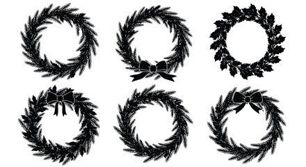 Collection of six stylized black leafy wreaths artistic hand drawn elements for decoration vector