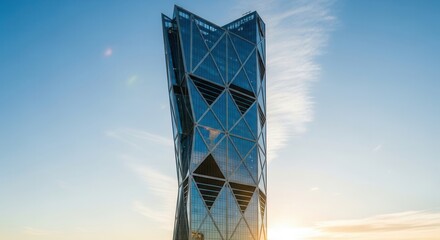 A modern geometric skyscraper with a unique twisted facade of glass and metal stands against a blue sky with a hint of sunset glow