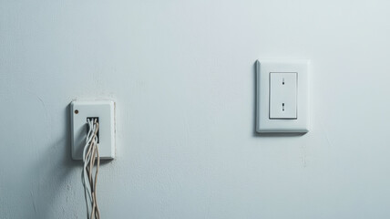 Exposed electrical wires hang from an open junction box next to a modern light switch on a minimalist white wall, creating a contrast between old and new technology