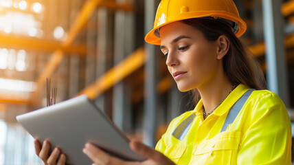 Female engineer reviewing construction plans on tablet, wearing safety gear inside industrial warehouse environment