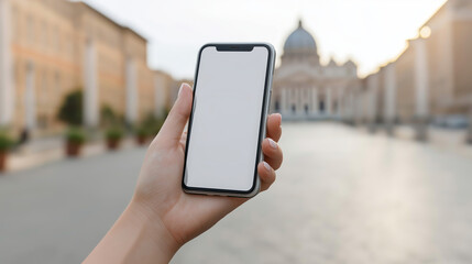Woman standing with blank smartphone screen at Saint Peter's Square, Vatican backdrop highlighting digital communication potential