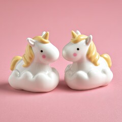 Two adorable white unicorn figurines with golden manes on a pink background.