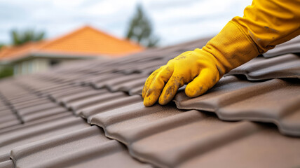 Construction worker wearing protective yellow gloves laying clay roof tiles on residential building site