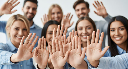 Coworkers waving their hands at the camera in a cheerful group photo