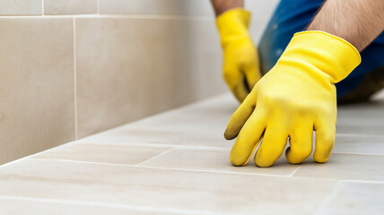 Construction worker wearing yellow gloves pressing down tile for alignment during adhesive setting, installing new floor in bathroom or kitchen
