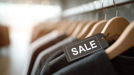 Sale label displayed on a clothing rack in a retail store, highlighting ongoing promotional offers and discounts