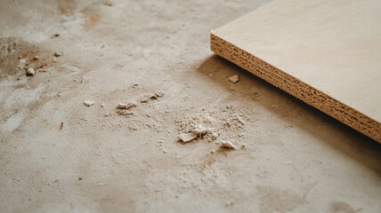 Particleboard spacer lying on dusty floor, showing signs of recent sawing, during home renovation or construction project