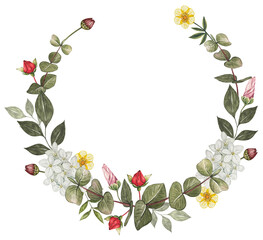 Wreath with eucalyptus, white hydrangea, buds, leaves. Watercolo