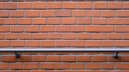 Metal handrail contrasting sharply against weathered red brick wall, highlighting geometric architectural minimalism with clean linear design
