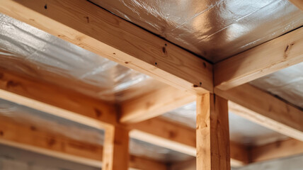 Vapor barrier material stapled to wooden ceiling joists, providing thermal insulation and moisture protection during residential building framing