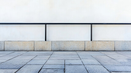 Minimalist architecture featuring a black railing mounted on a concrete slab with sealant, against a clean white wall background