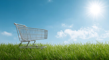 Metal shopping cart placed in a field of vibrant green grass under a sunny blue sky, symbolizing eco friendly consumerism