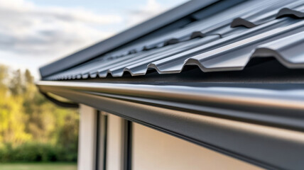 Metal gutter system highlighting contemporary roofing, protecting residential exterior with sleek, clean architectural design and drainage efficiency