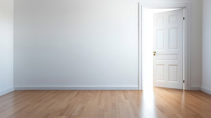 Slightly open white swing door in empty room with wooden floor and white walls, revealing bright light, minimalist interior design
